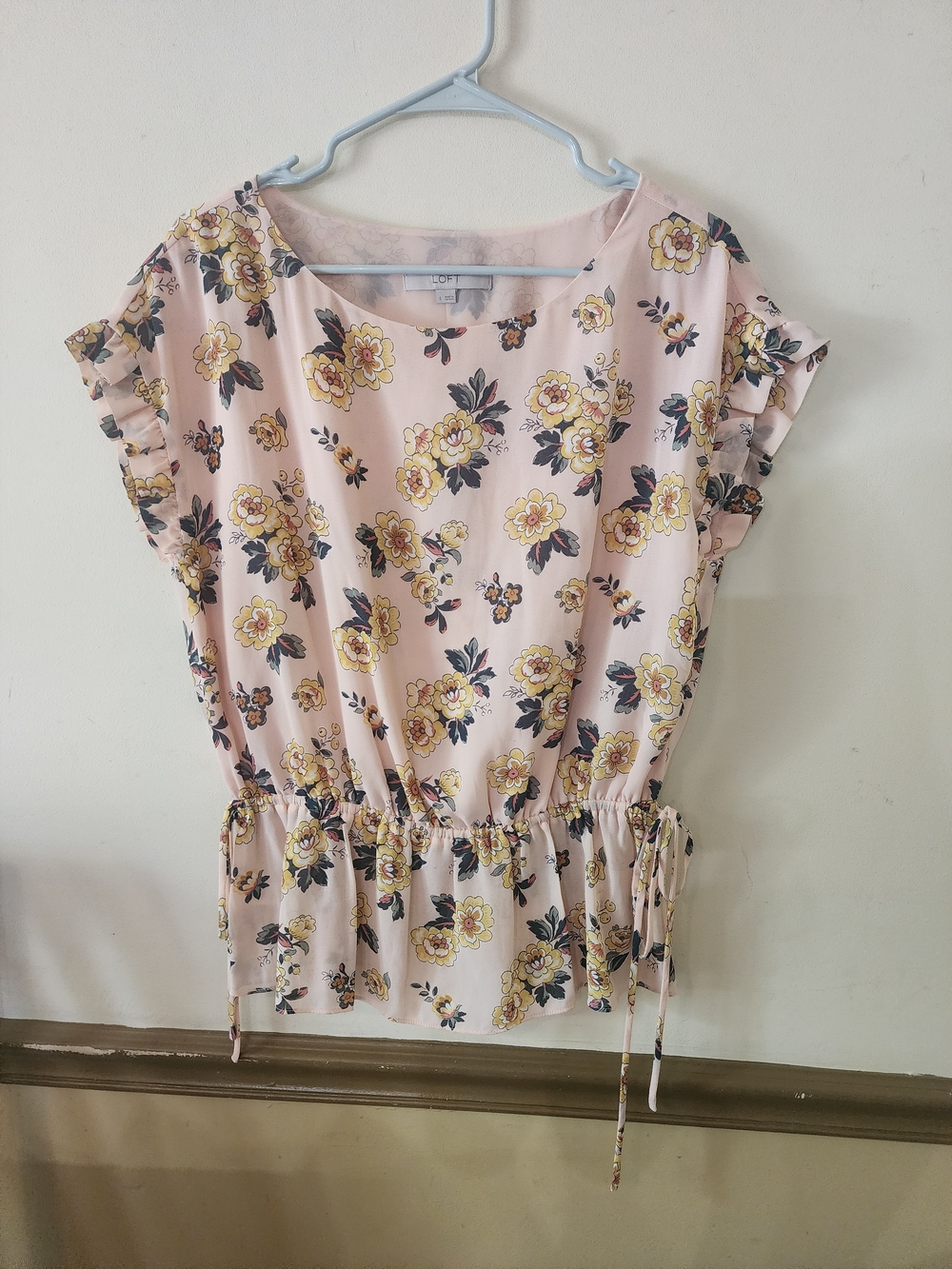 LOFT Pink Floral Blouse with Yellow and Green Accents